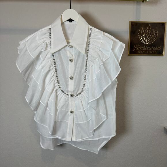 Women's Beulah Style White Short Sleeve Ruffle Rhinestone Blouse Size Small NWOT - Picture 9 of 10